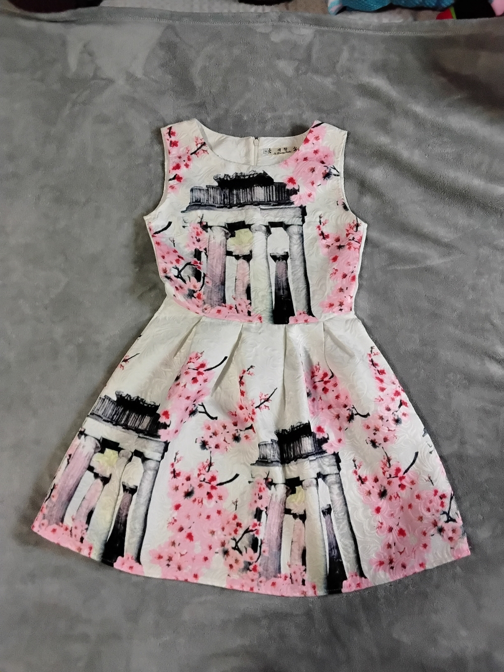 Girls White & Pink Floral Fit-and-Flare Dress